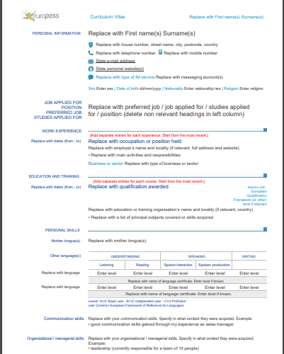 Europass Curriculum Vitae Template